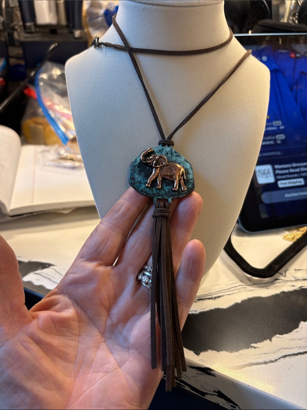 ICON Turquoise Pendant Necklace with Gold Elephant and Brown Tassel